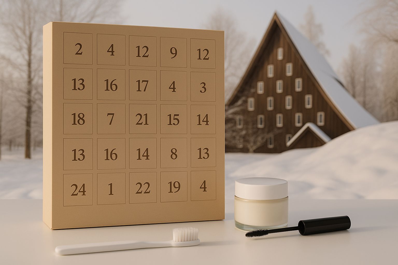 Ögonfransar och tänder i adventskalender-tema med snöflingor